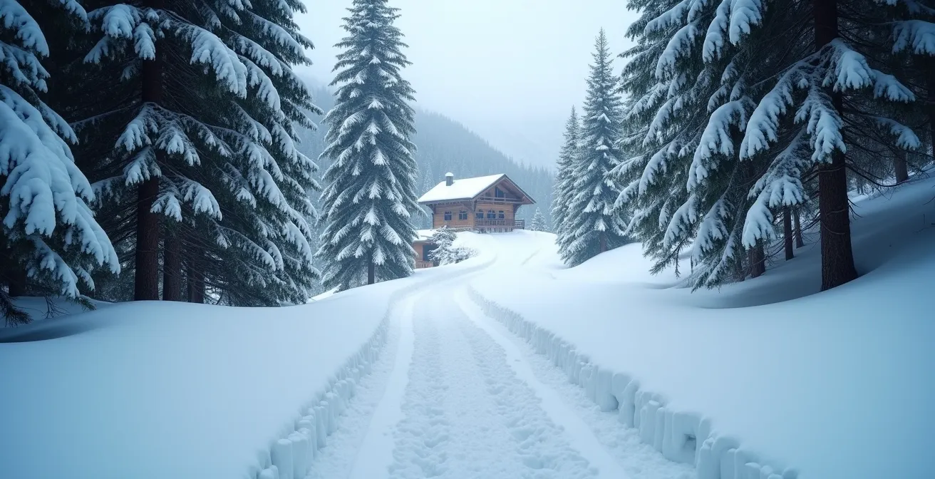 Chemin enneigé étroit menant à un chalet isolé en montagne