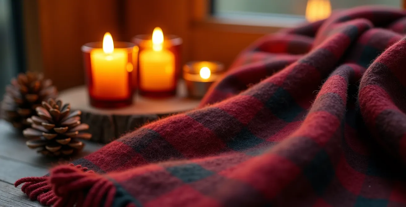 Arrangement d'accessoires créant une ambiance chaleureuse avec bougies et plaid en laine