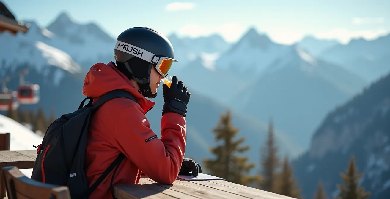 Skieur au repos sur une terrasse ensoleillée de refuge de montagne à moyenne altitude
