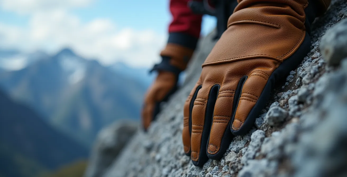 Gros plan sur les mains d'un alpiniste saisissant fermement le rocher sur une arête aérienne