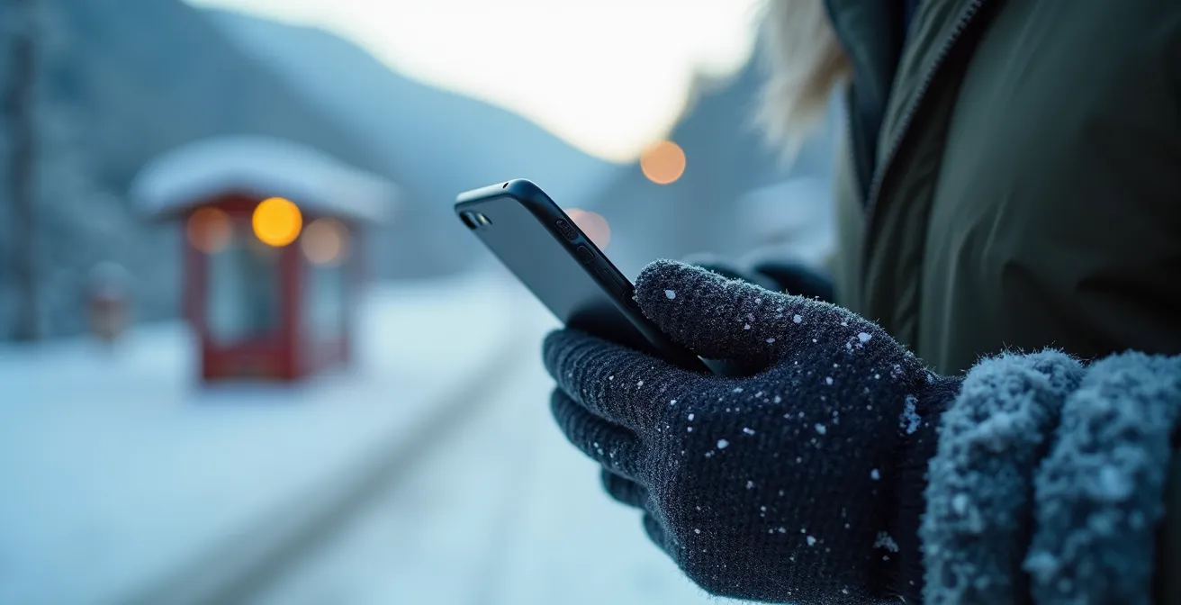 Main tenant un smartphone montrant une carte de station avec arrêts de bus, dans un paysage enneigé