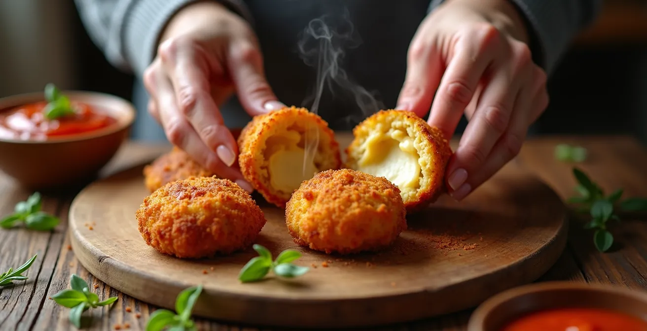 Arancini dorés et croustillants préparés avec des restes de raclette, servis sur une planche en bois avec sauce tomate maison.