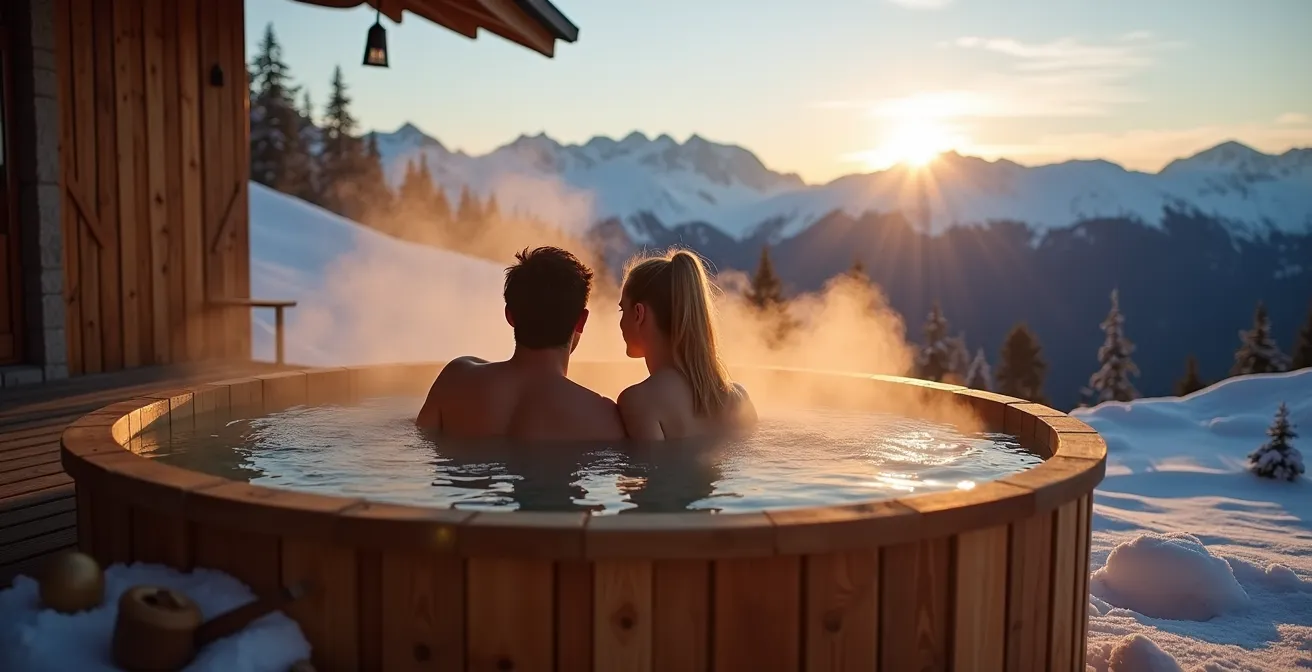Bain nordique en bois fumant dans la neige avec panorama alpin au crépuscule