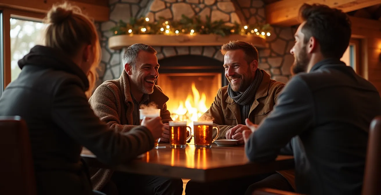 Intérieur chaleureux d'un bar d'hôtel alpin avec cheminée et fauteuils confortables