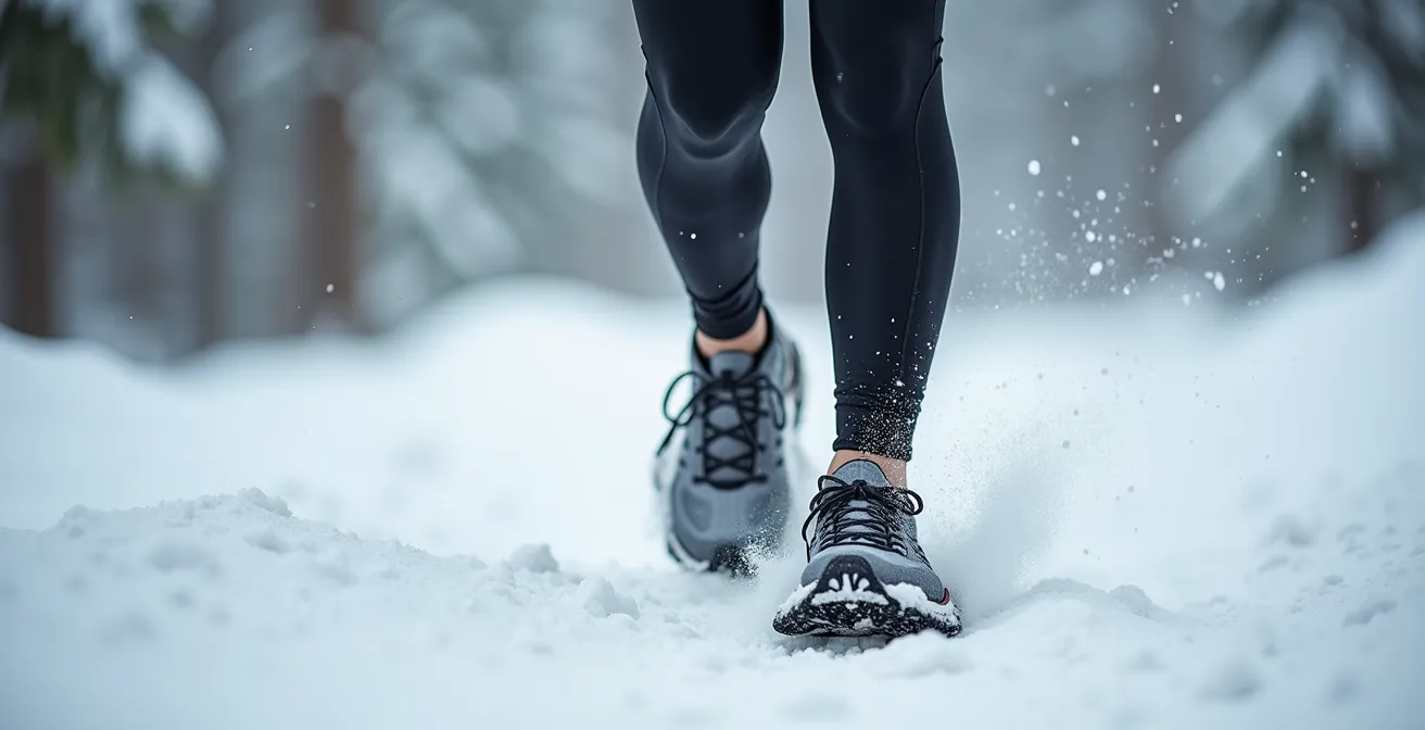Vue macro des muscles des jambes en action lors de la marche en raquettes