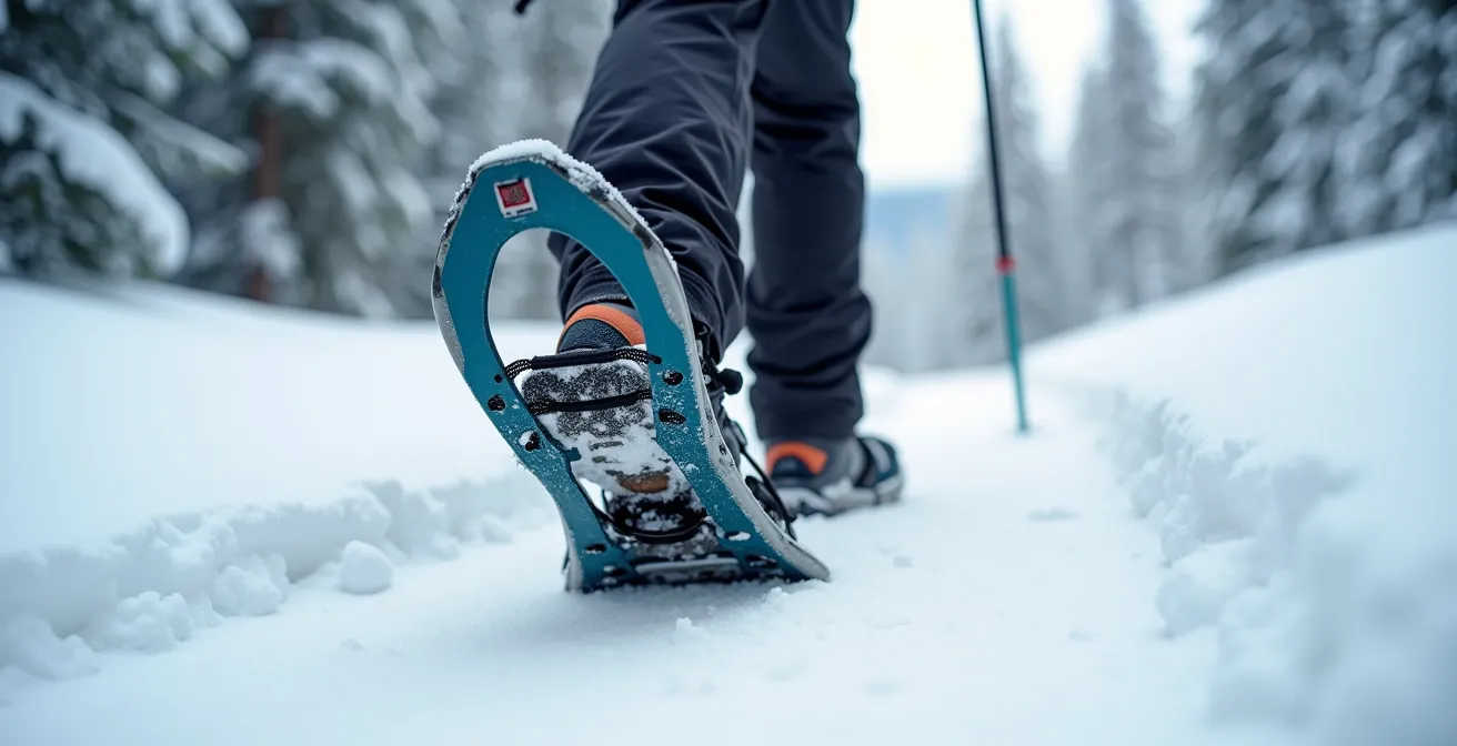 Vue rapprochée sur les jambes et les raquettes d'un randonneur, montrant l'écartement naturel des pieds sur la neige.