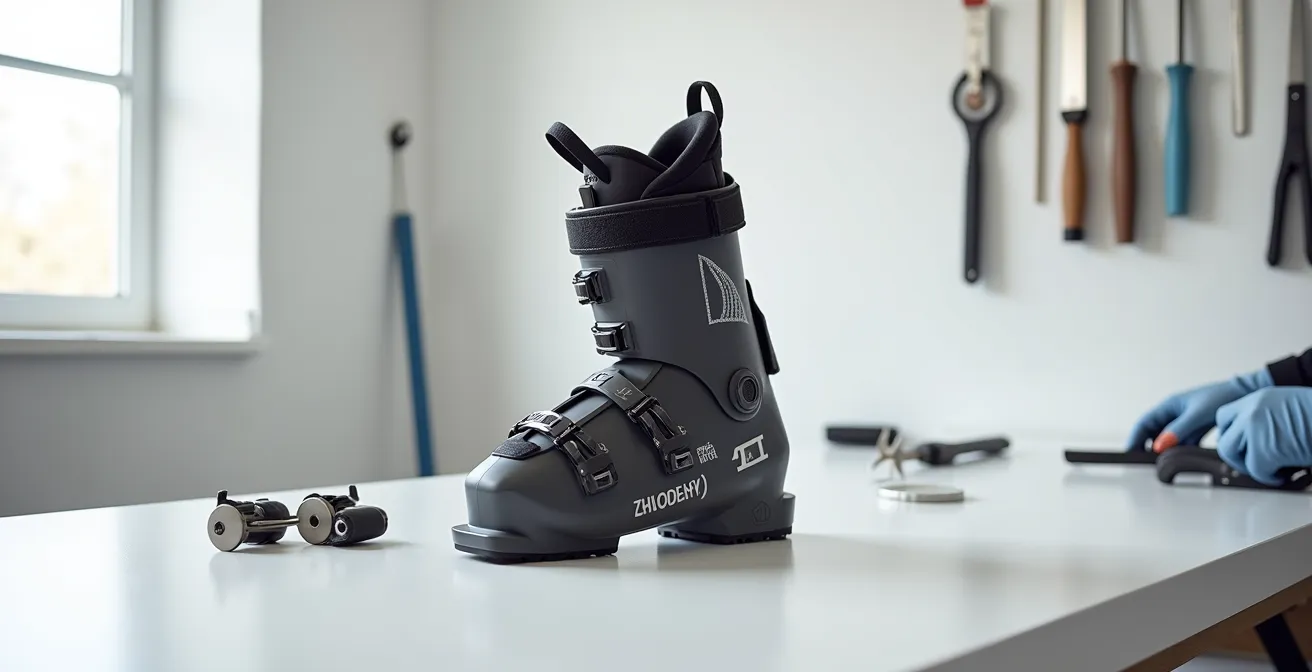 Installation d'un booster strap élastique sur une chaussure de ski haute performance