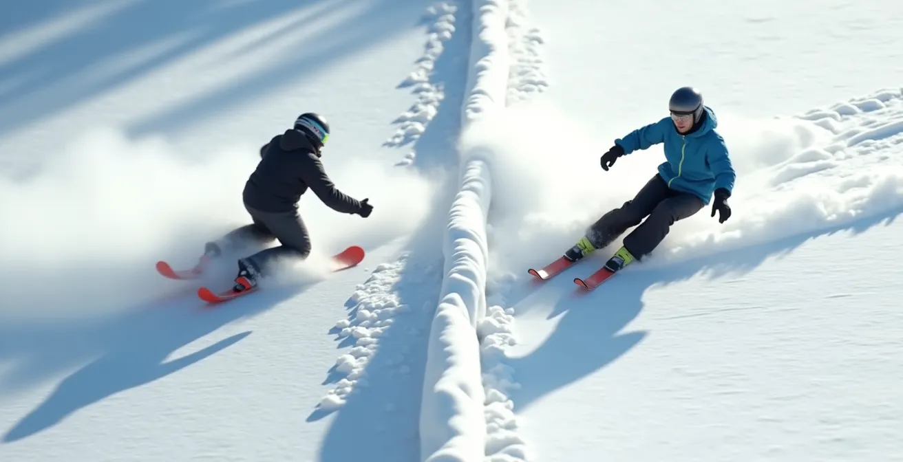 Comparaison visuelle de l'énergie d'impact entre luge et ski à vitesse égale, montrant les zones de vulnérabilité du corps