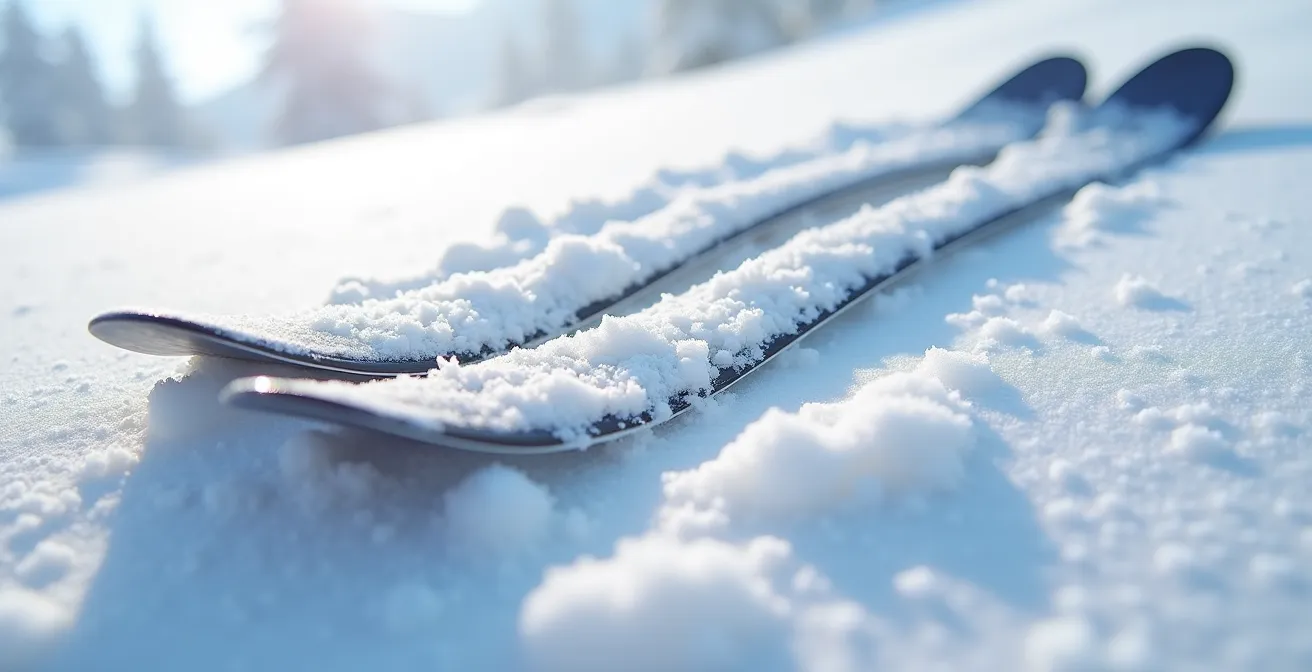 Vue macro de trois sections de ski montrant différentes largeurs au patin sur neige fraîche
