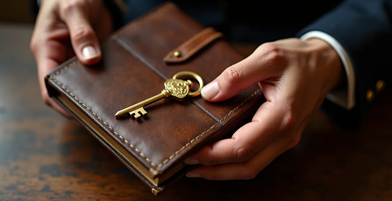 Mains élégantes tenant un carnet de cuir ancien avec clés dorées croisées posées sur bureau en bois noble