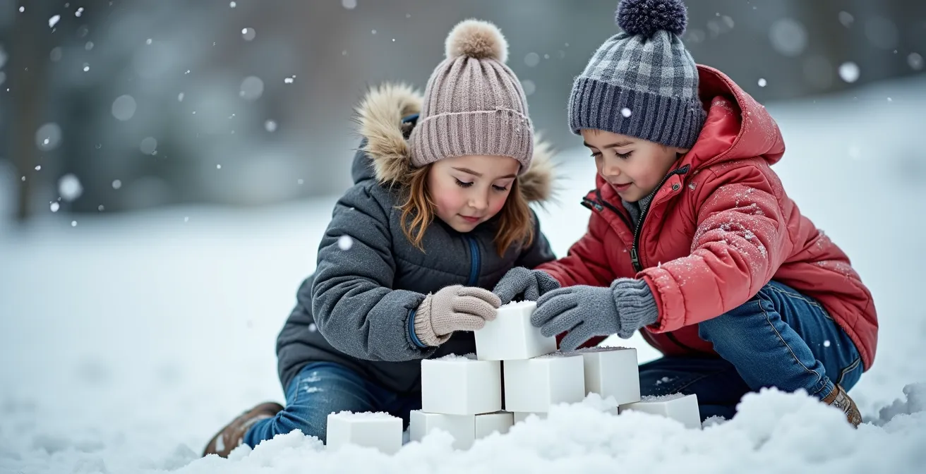 Groupe d'enfants travaillant ensemble à la construction d'un igloo