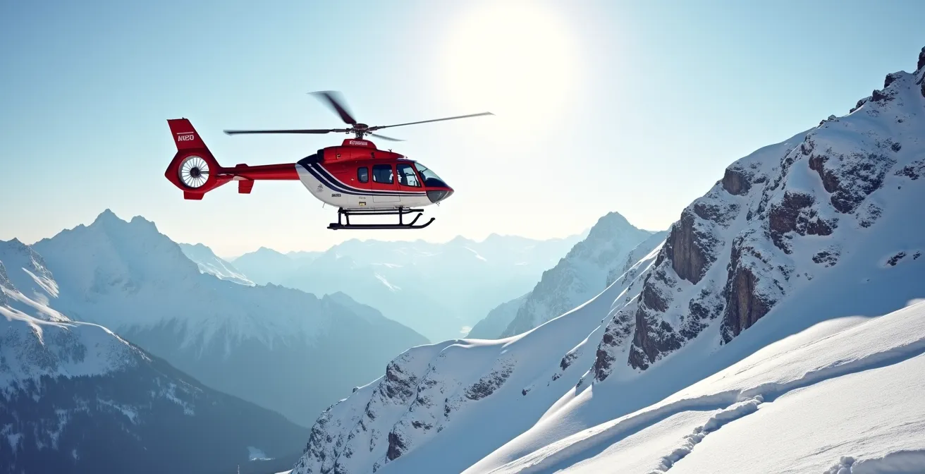 Vue aérienne d'un hélicoptère de secours survolant les pistes de ski