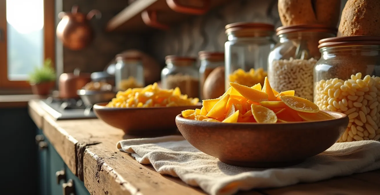 Cuisine d'appartement de montagne avec provisions organisées et vue sur les pistes