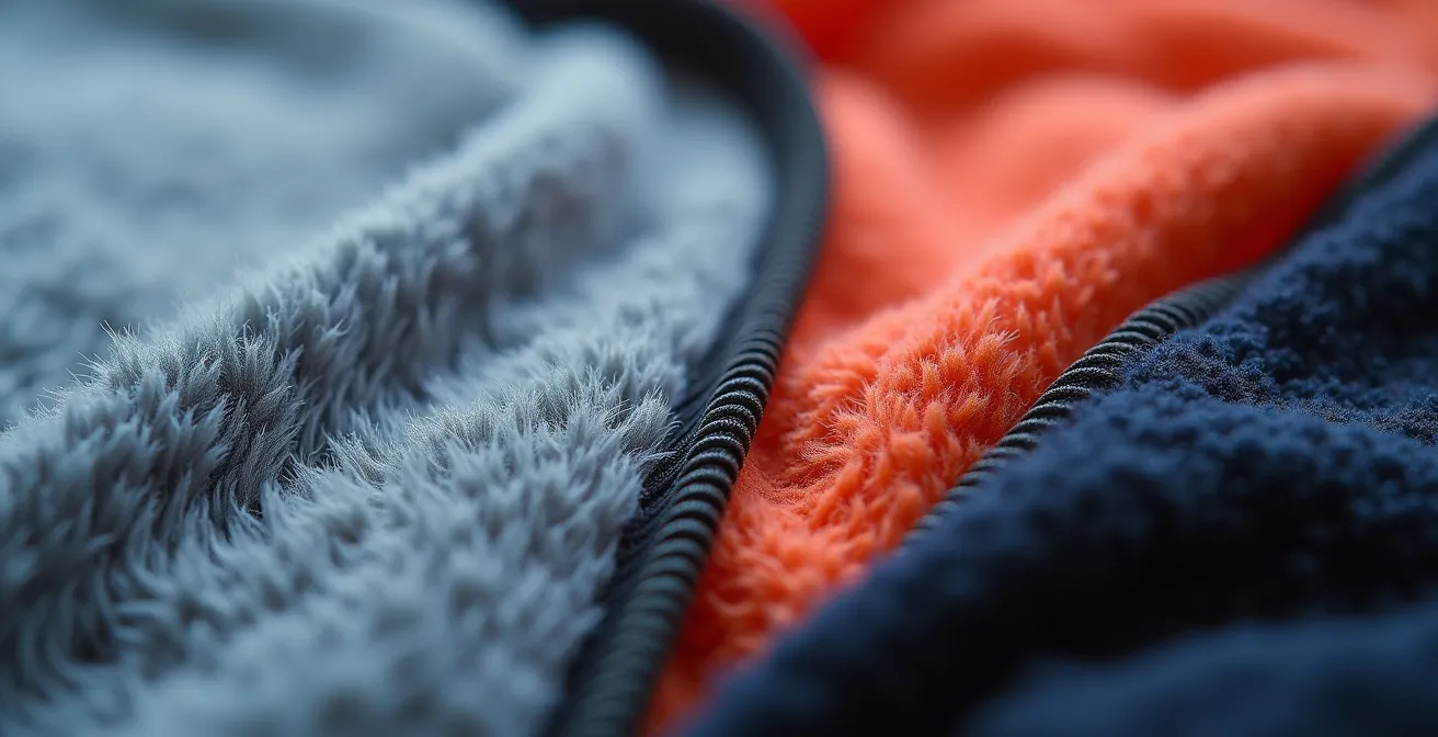 Vue macro détaillée des fibres d'une polaire montrant la différence de qualité