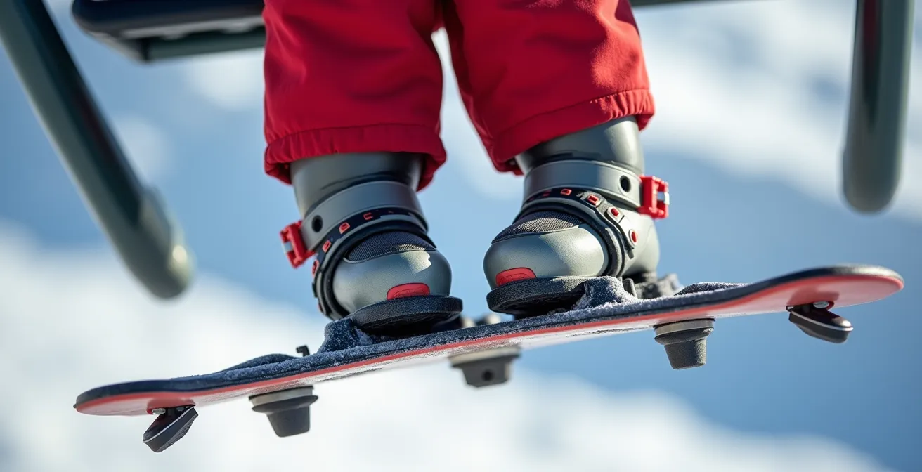 Enfant correctement positionné sur un télésiège débrayable avec repose-pieds individuels