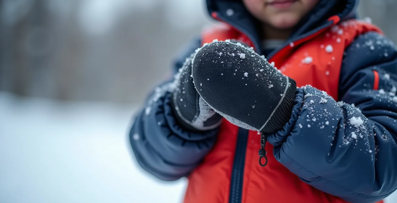 Gros plan sur les détails d'équipement de ski pour enfant, montrant les jonctions moufles-veste et le tour de cou