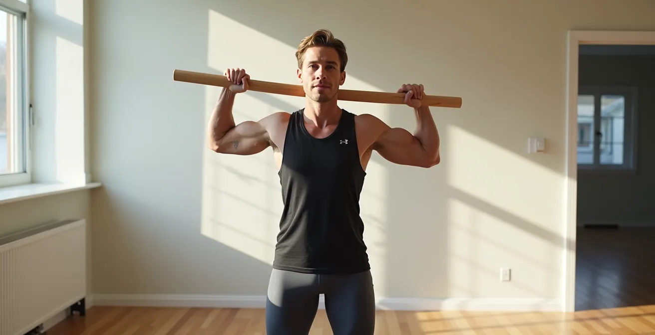 Skieur s'entraînant avec un bâton posé sur les épaules pour travailler la dissociation