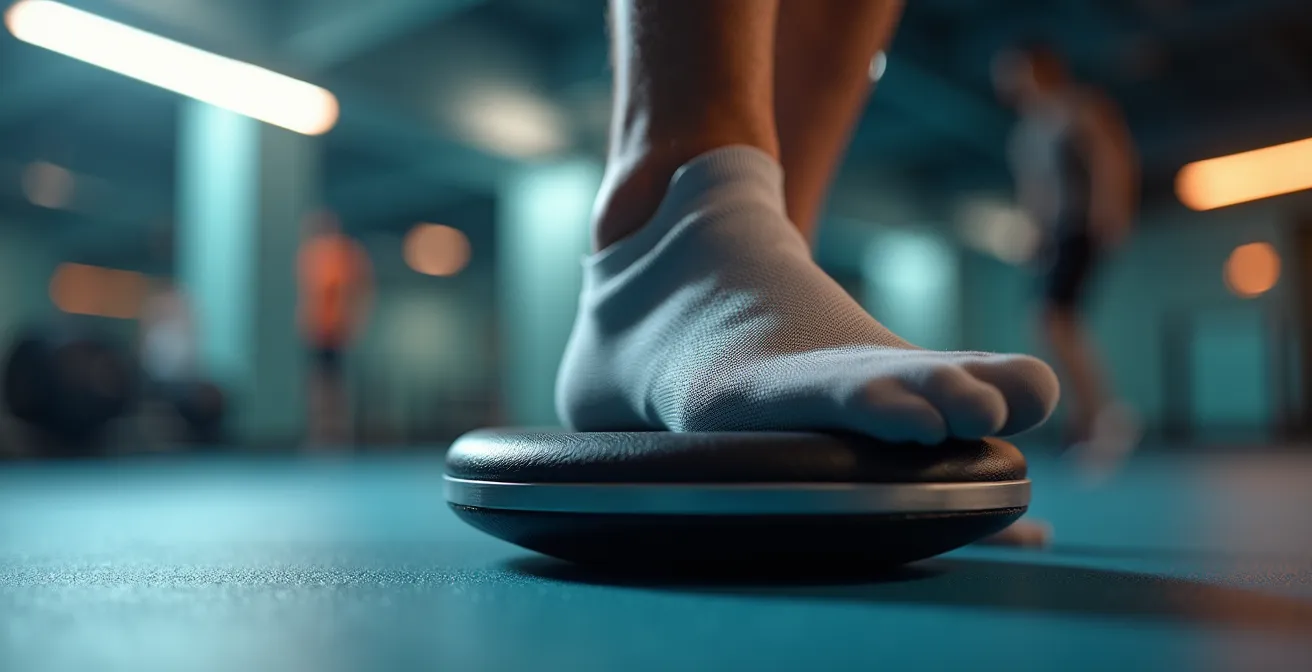 Athlète pratiquant un exercice d'équilibre sur coussin de proprioception dans une salle d'entraînement