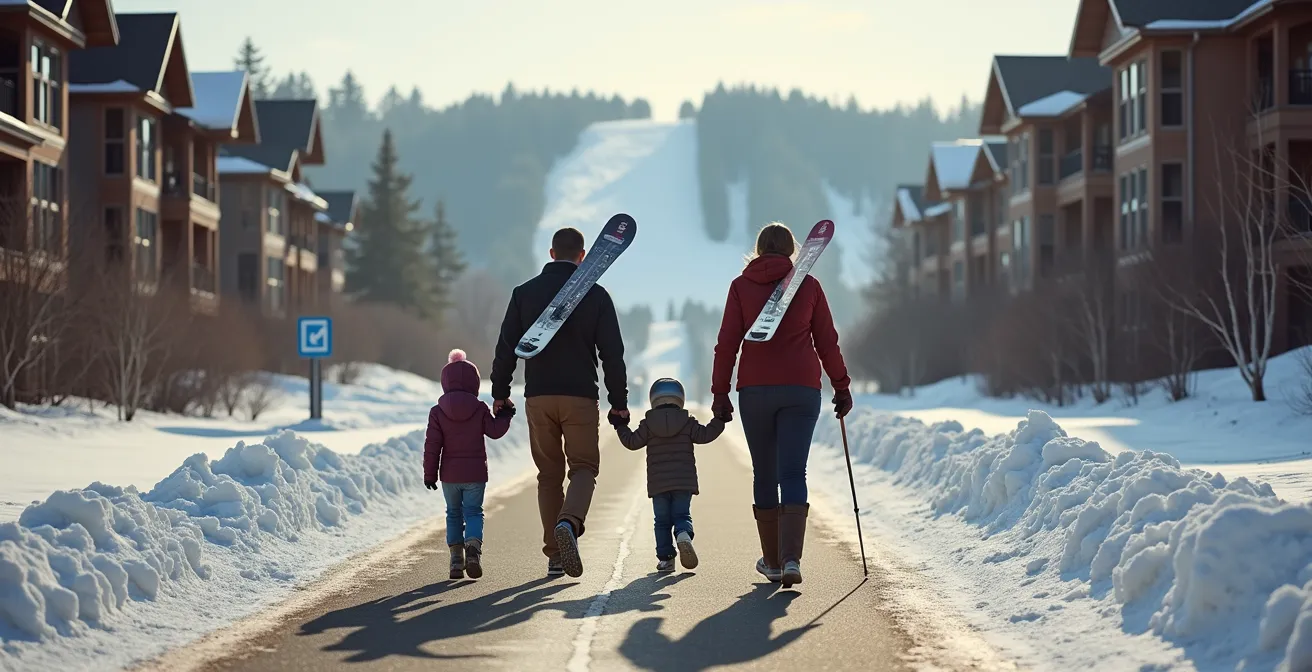 Famille portant ses skis sur l'épaule marchant sur un chemin asphalté entre une résidence et les pistes