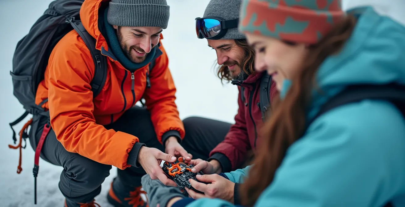 Guide de haute montagne ajustant l'équipement d'un alpiniste sur un glacier
