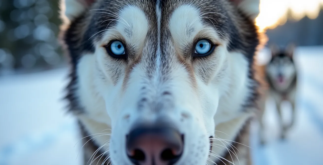 Gros plan sur le regard déterminé d'un husky de tête menant son attelage