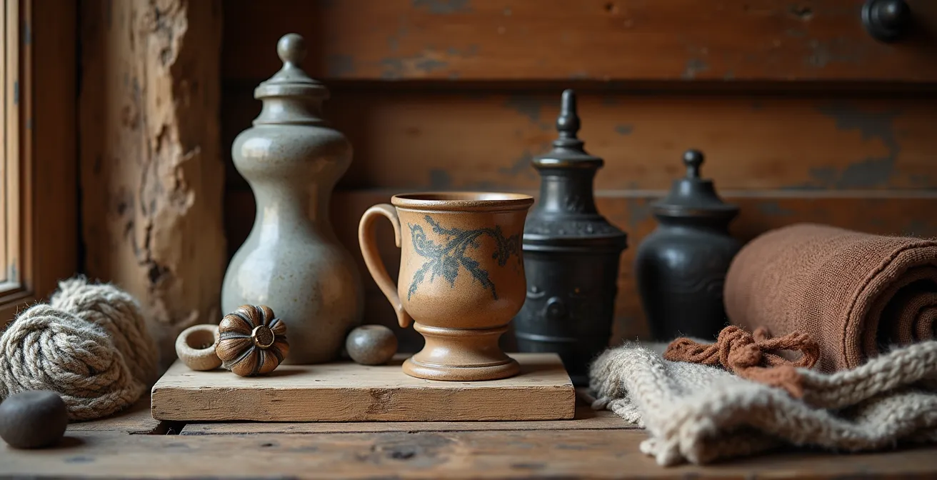 Intérieur de chalet avec mobilier ancien authentique et détails artisanaux traditionnels