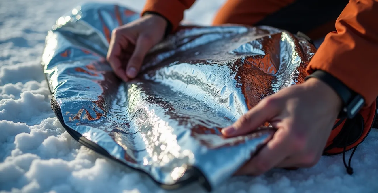 Technique d'isolation thermique d'une victime en montagne avec une couverture de survie placée sous elle