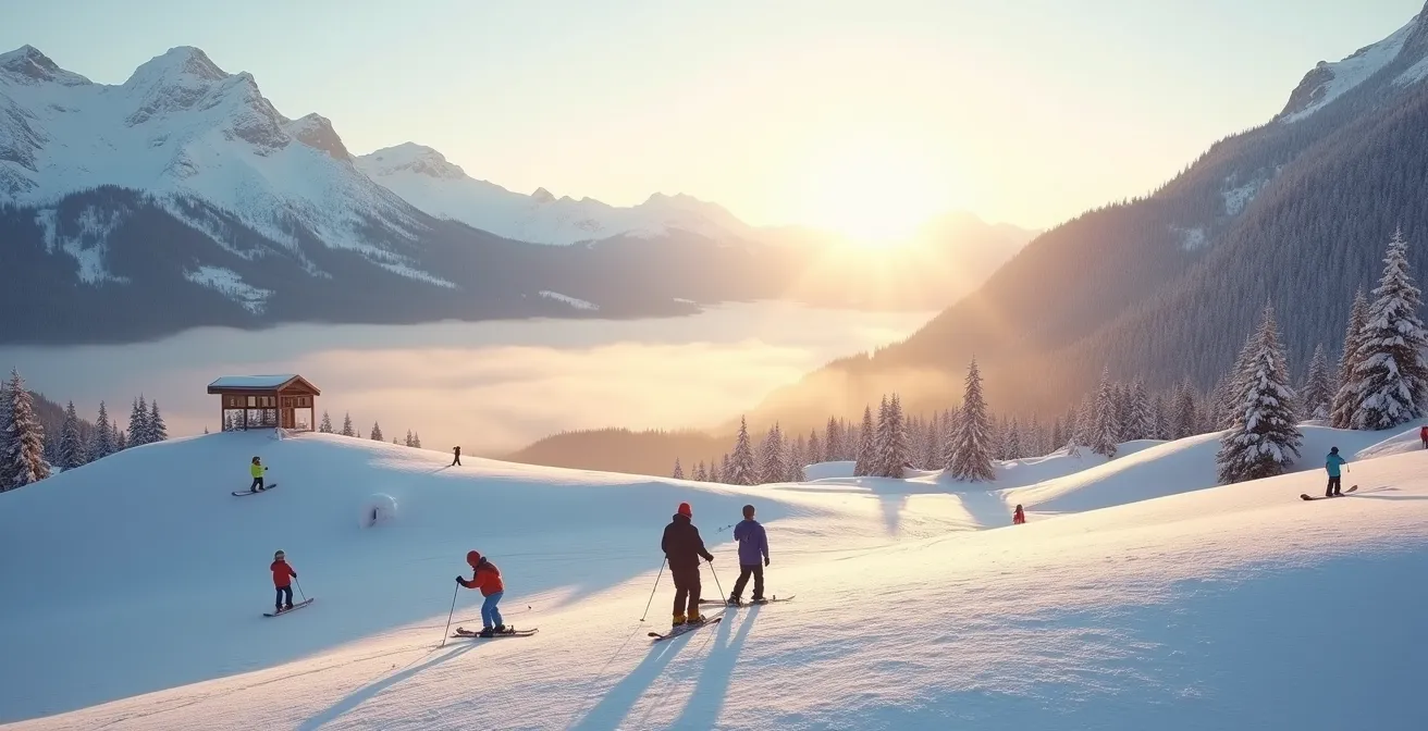 Vue large d'un jardin des neiges le matin avec lumière dorée et ambiance sereine