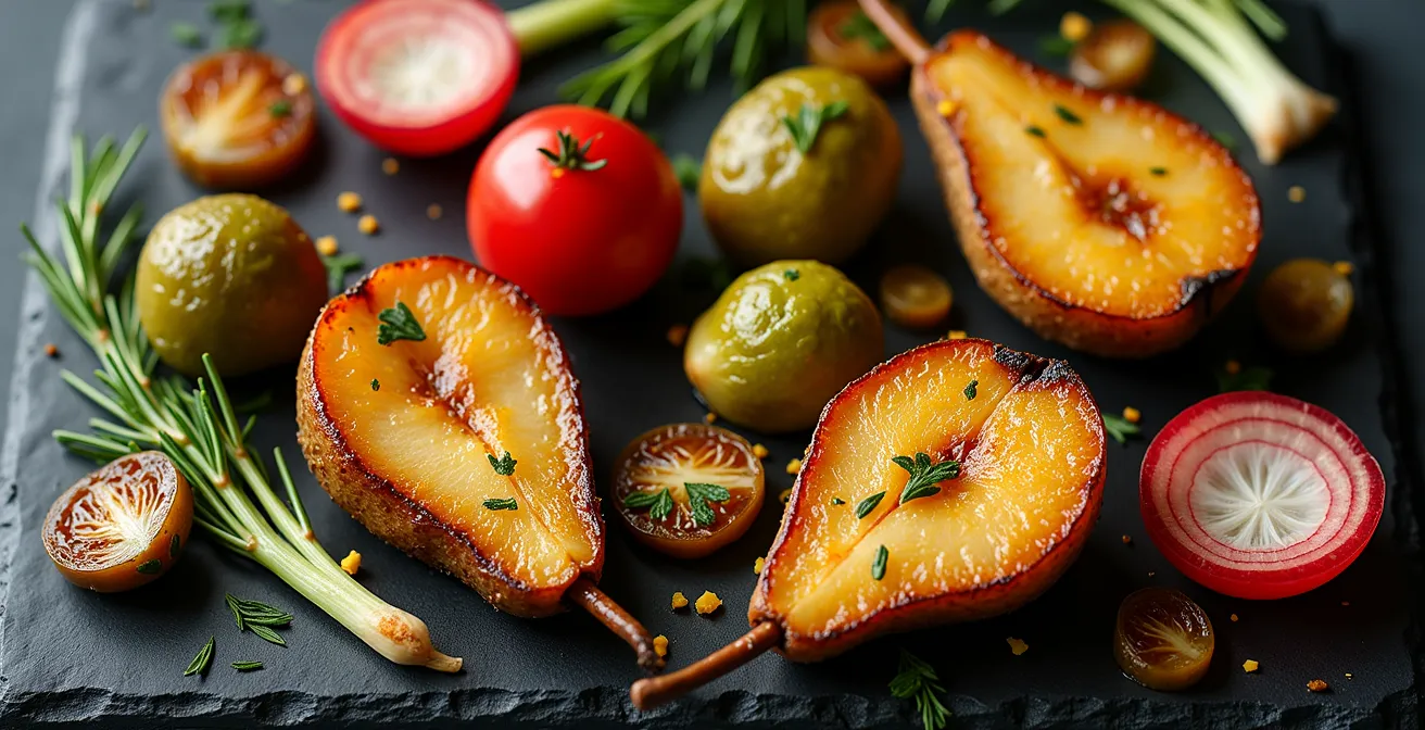 Assortiment coloré de légumes rôtis, pickles artisanaux et fruits caramélisés disposés élégamment pour accompagner une raclette gastronomique.