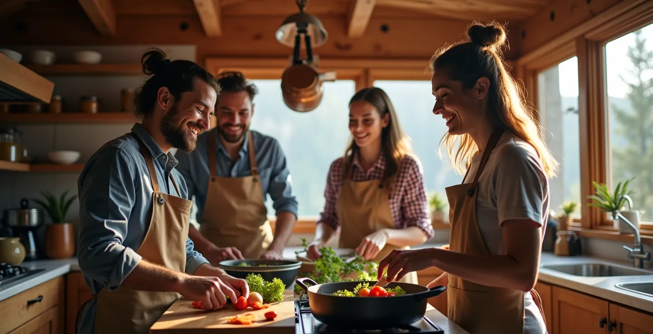 Organisation collective dans une cuisine de chalet avec tableau de répartition des tâches