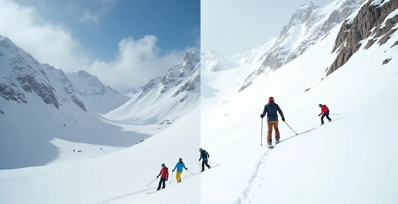 Groupe de skieurs sur une pente avec panneaux de danger avalanche niveau 3
