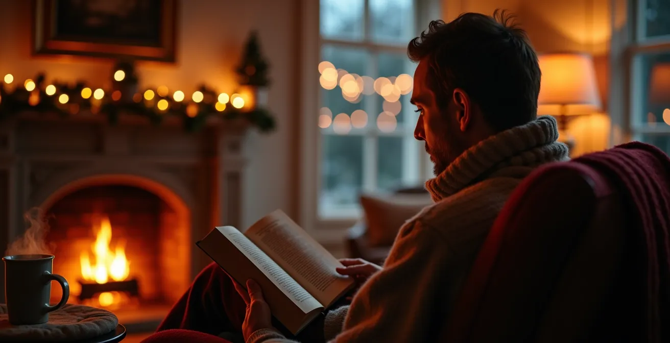 Parent lisant paisiblement près d'une cheminée pendant que les animations se déroulent au loin