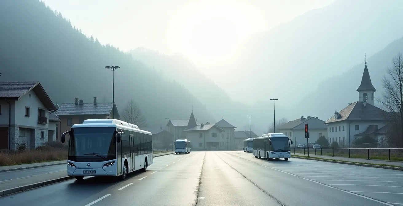 Grand parking en périphérie avec navettes électriques et village traditionnel préservé en arrière-plan