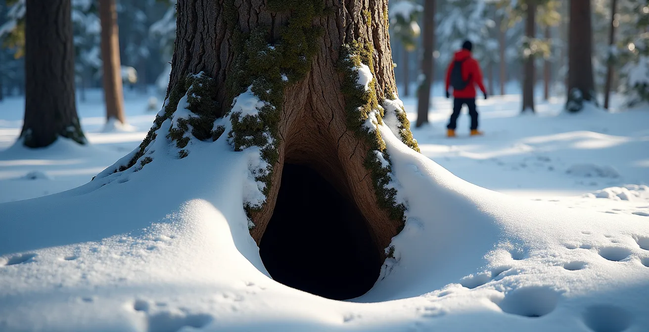 Coupe transversale d'une cheminée de neige au pied d'un sapin en montagne
