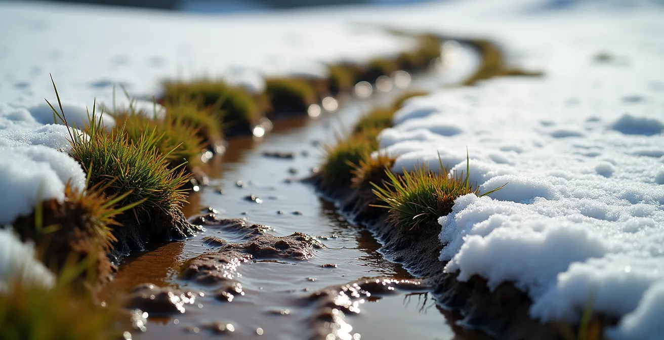 Piste de ski partiellement enneigée avec zones de terre et d'herbe visibles en fin de saison