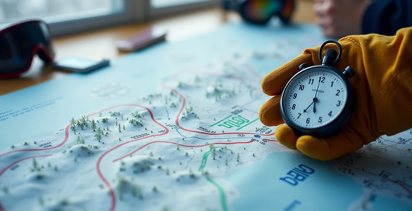 Vue macro d'une carte de pistes avec repères horaires et itinéraires tracés, main tenant un chronomètre