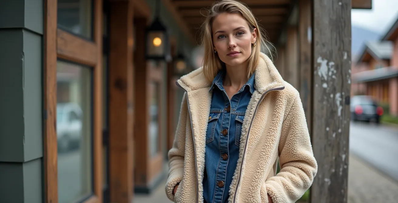 Portrait d'une polaire sherpa portée avec style dans un contexte urbain