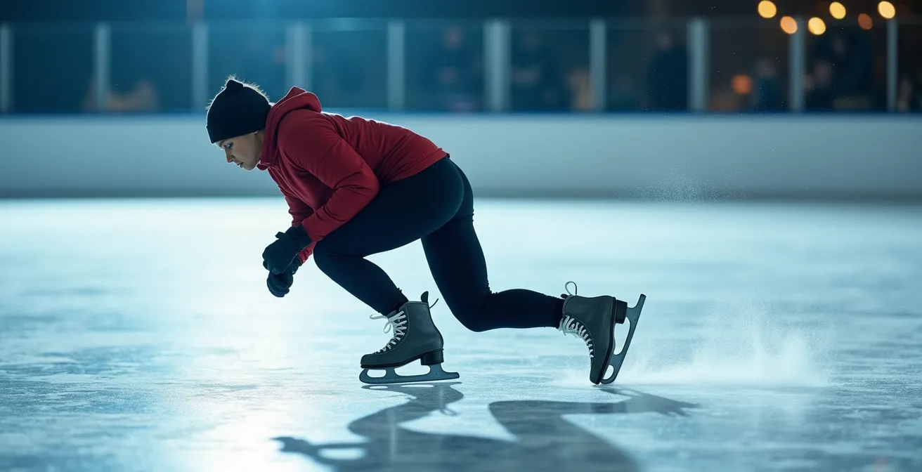 Patineur démontrant la position accroupie sécuritaire avec bras croisés sur la poitrine