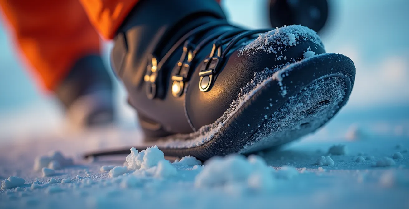 Vue macro du contact entre le tibia et la languette de la chaussure de ski