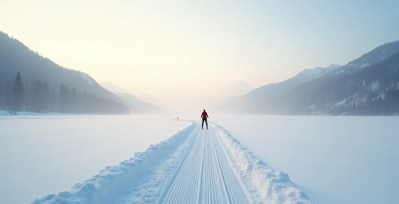 Skieur de fond seul sur une longue piste traversant une vallée enneigée