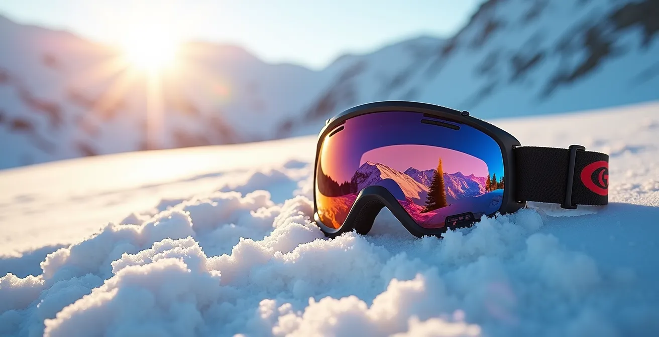 Gros plan sur des lunettes de ski haute protection posées sur la neige avec reflets lumineux