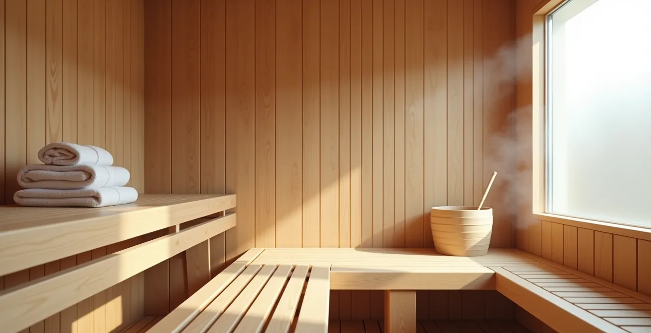 Vue intérieure d'un sauna en bois avec serviettes blanches disposées sur les bancs et seau d'eau avec louche traditionnelle