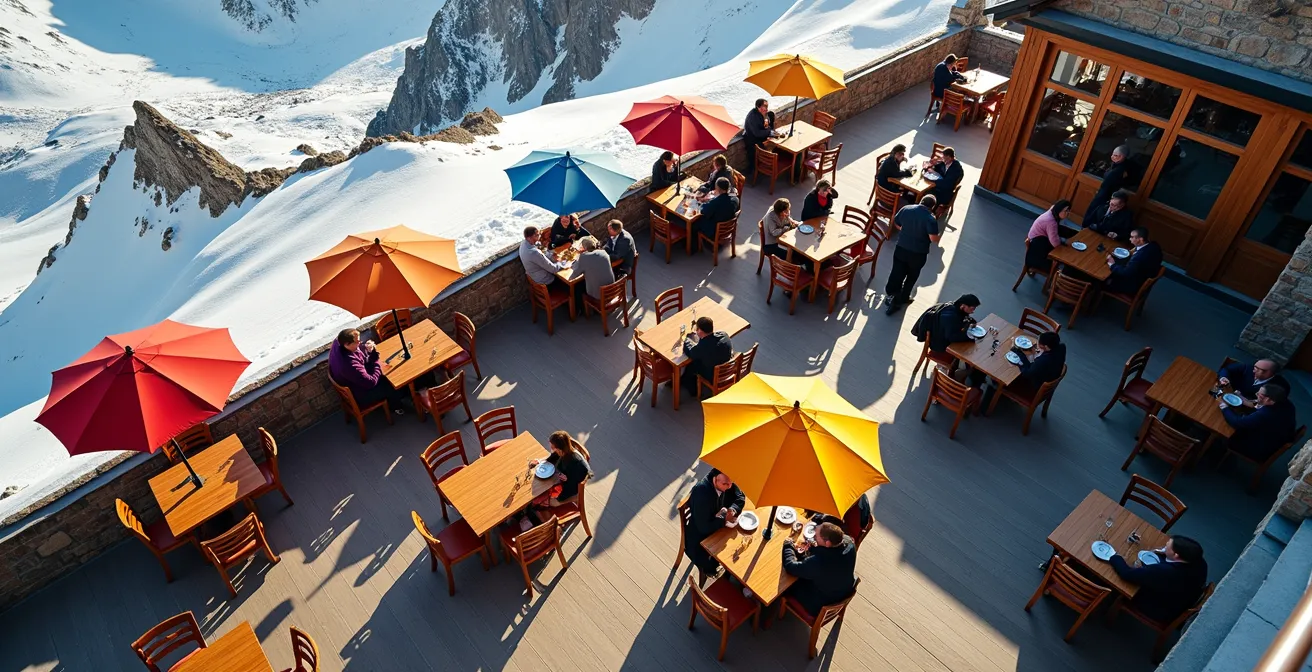 Vue aérienne d'une terrasse de restaurant d'altitude avec tables en bois, parasols et vue panoramique sur les montagnes
