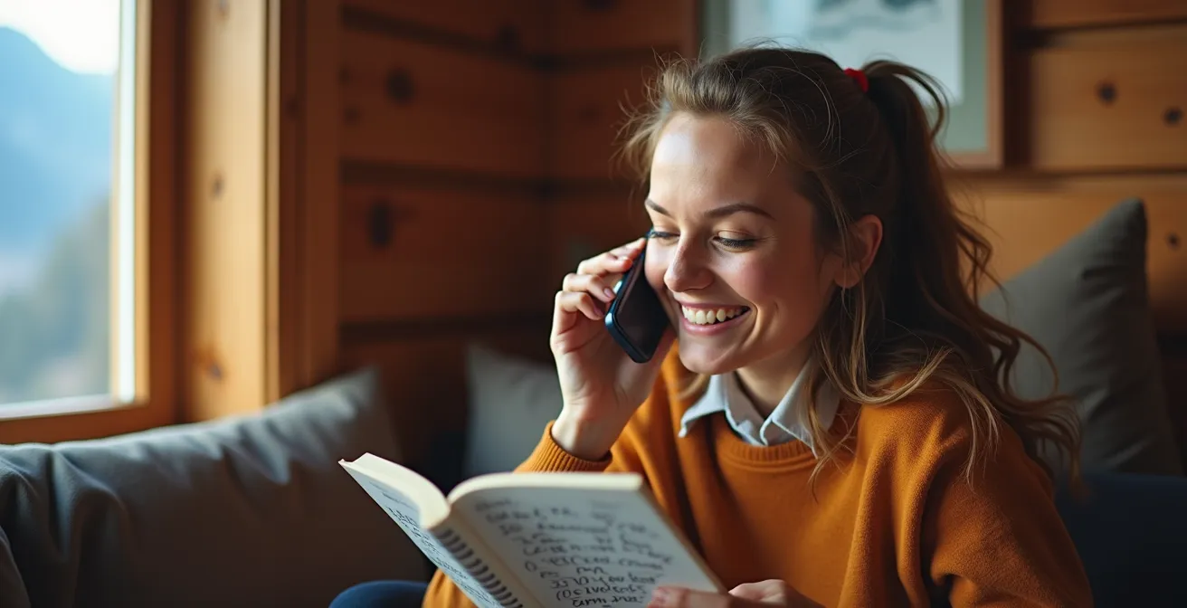 Personne souriante réservant une activité de montagne par téléphone, avec un carnet de notes à côté.