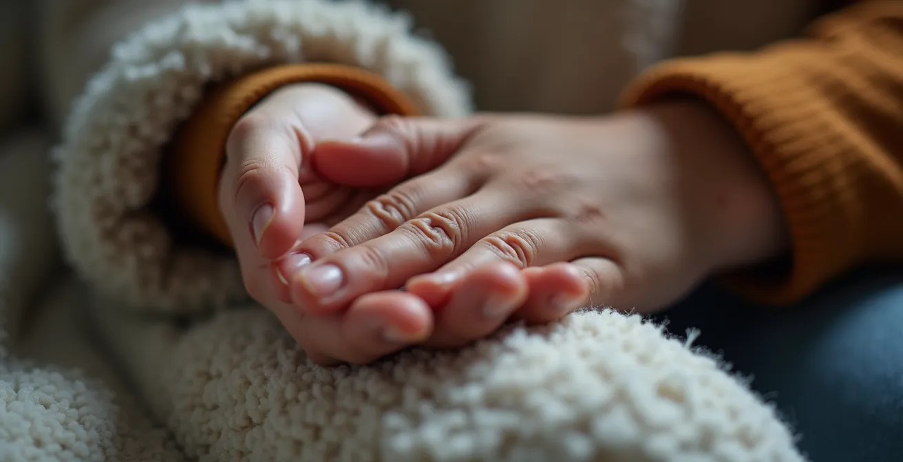 Parent et enfant partageant un rituel d'adieu avec un objet transitionnel dans une garderie de montagne