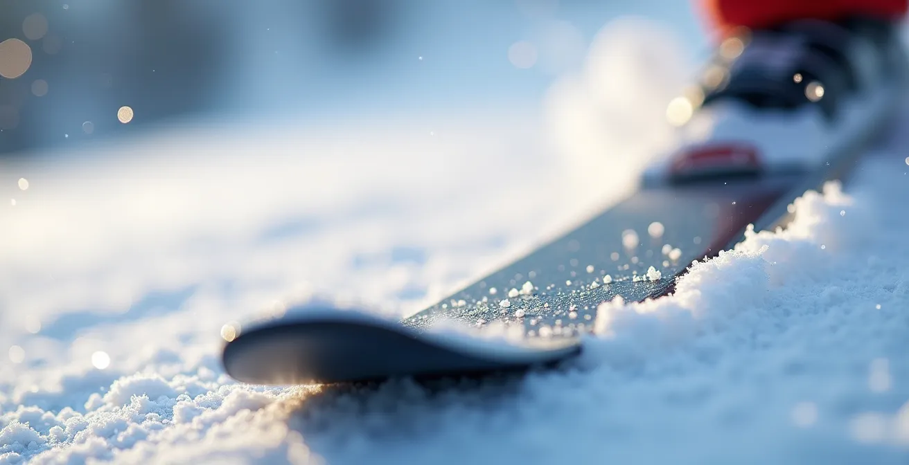 Gros plan sur une spatule de ski relevée montrant le rocker caractéristique sur neige fraîche
