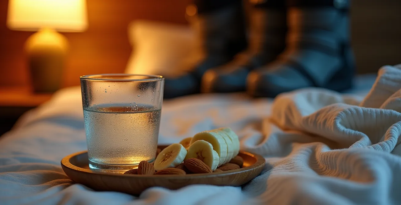 Matériel de ski préparé près du lit avec bouteille d'eau et collation nocturne