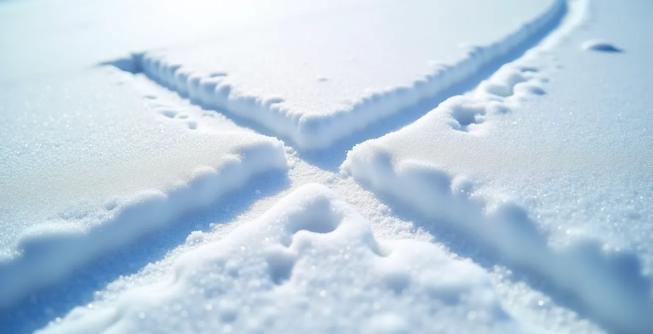 Détail macro sur les signes de sécurité gravés dans la neige