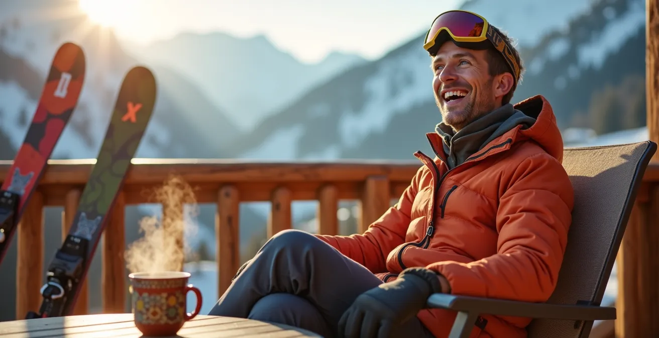 Skieur détendu sur une terrasse ensoleillée de montagne, skis posés contre la balustrade, vue sur les pistes