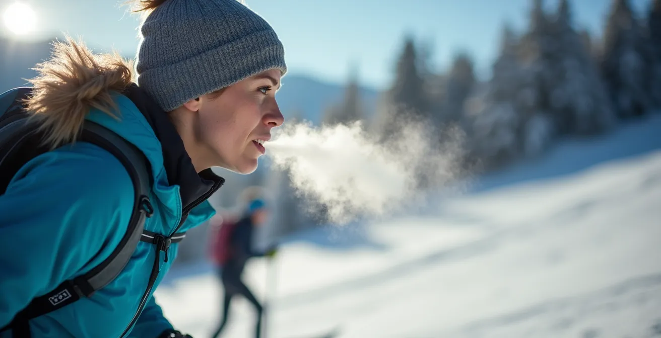 Skieur de fond en montée douce pratiquant une respiration contrôlée, sa buée visible dans l'air froid.